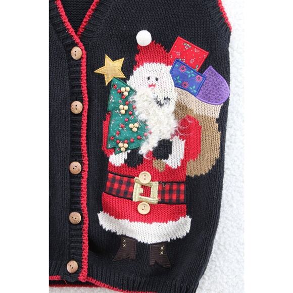 Sweater Vest Embroider Christmas Santa Clause Wood Buttons Ugly Cute Beaded S M - Picture 2 of 9